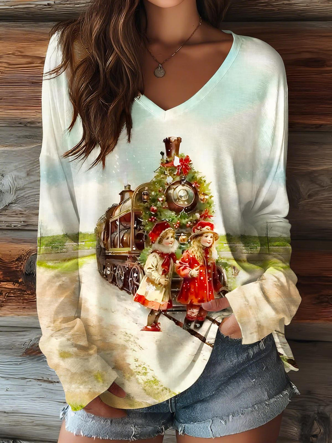 Christmas Train V-neck Long Sleeve Top