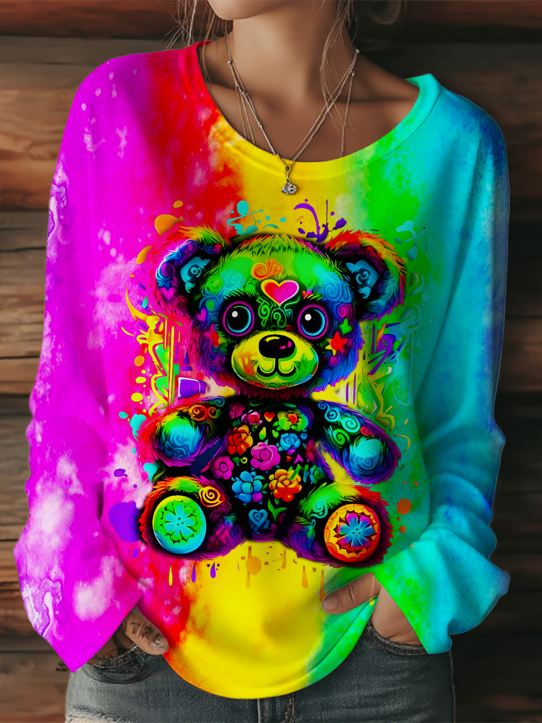 Colorful Hippie Bear Women's Round Neck Long Sleeve T-shirt