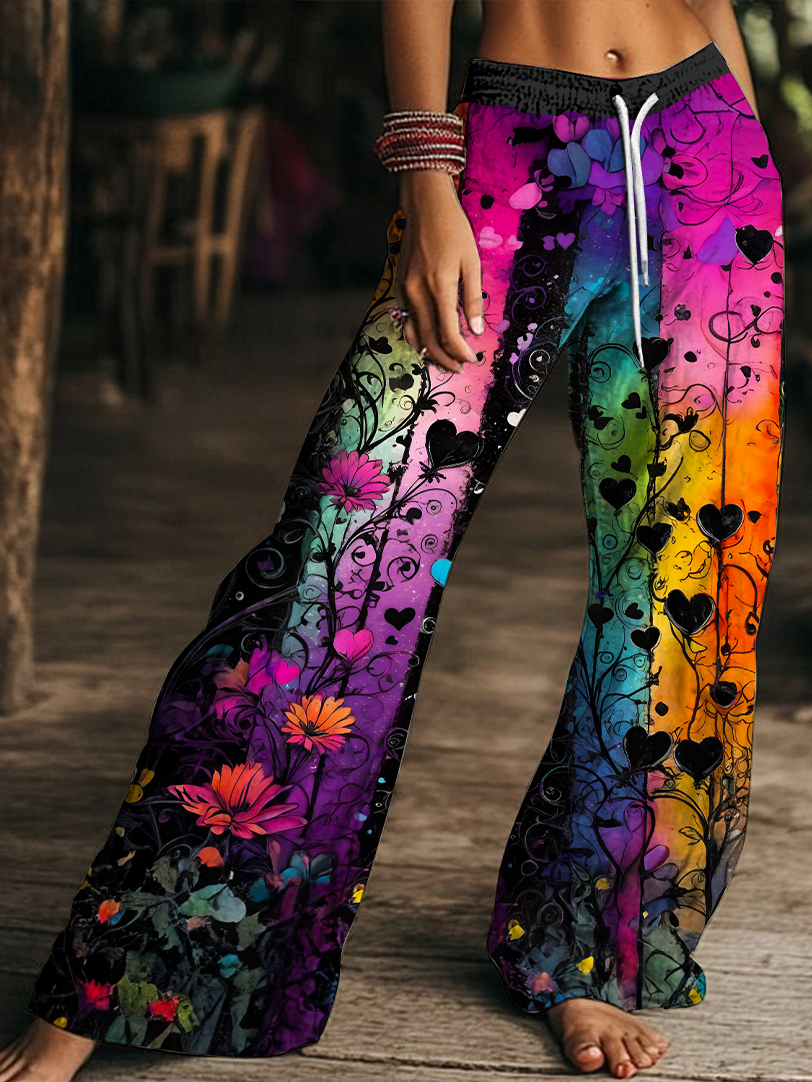 Colorful Flowers Love Hippie Nature Art Women's Drawstring Wide-Leg Pants