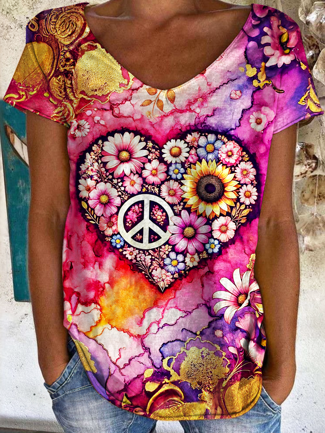 Colorful Tie-dye Gilded Hippie Love Ladies V Neck Tops