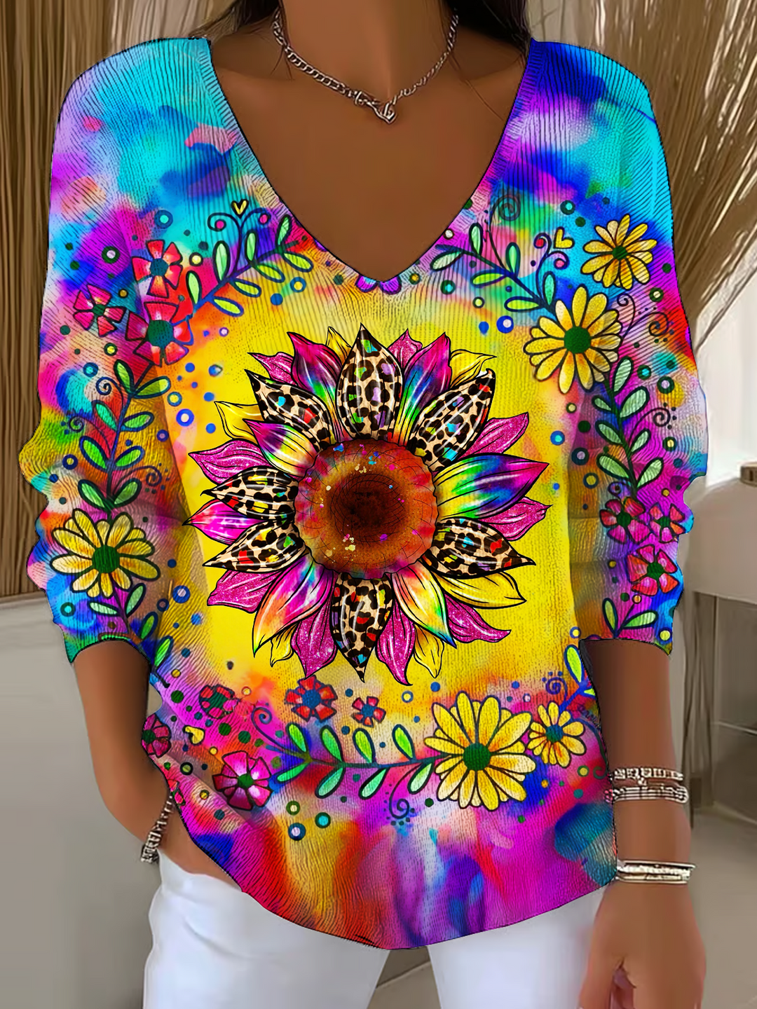 Colorful Hippie Peace Sunflower Art Casual V Neck Pullover Sweater
