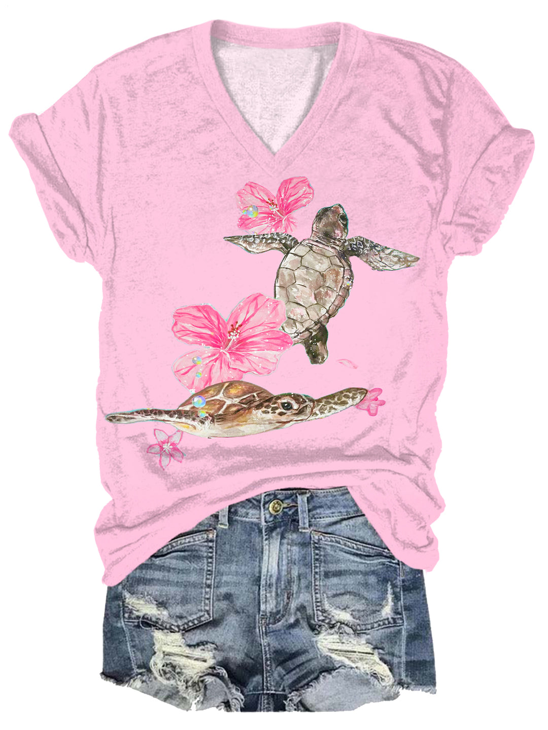 Cute Floral Turtle Art V-neck T-Shirt