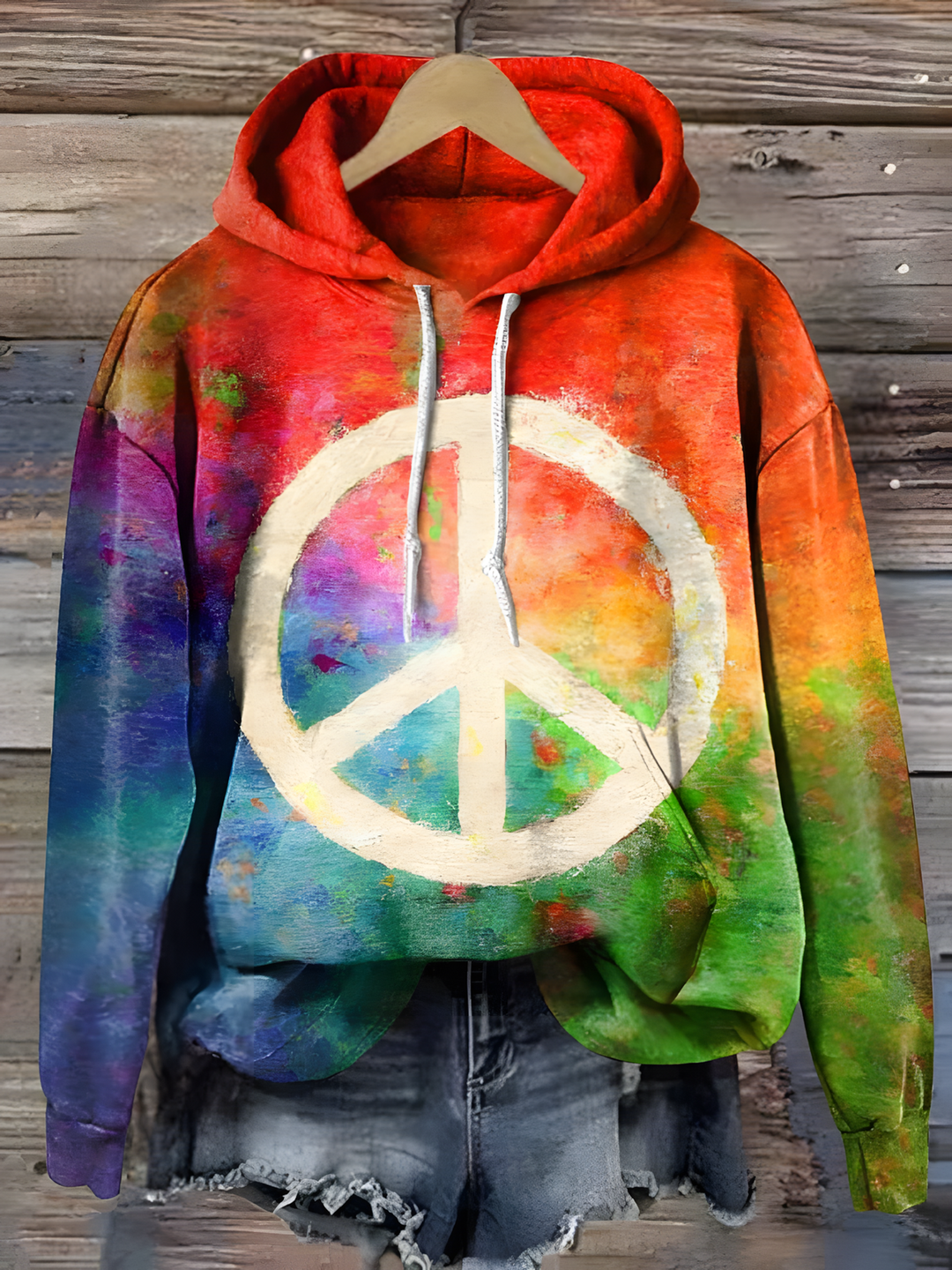 Retro Love and Peace Rainbow Long Sleeve Printed Hoodie