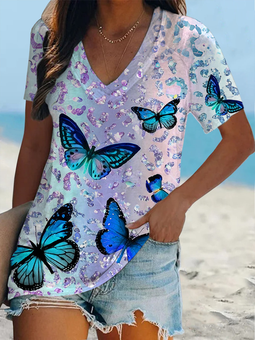 Butterfly Leopard Print Short Sleeve V Neck Print Top