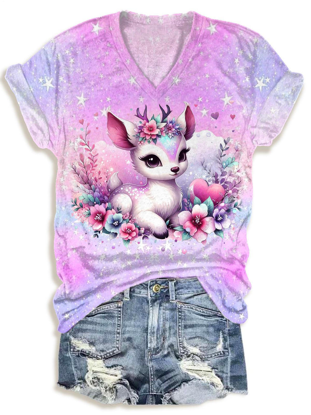 Cute Flower Deer Crew Neck T-shirt