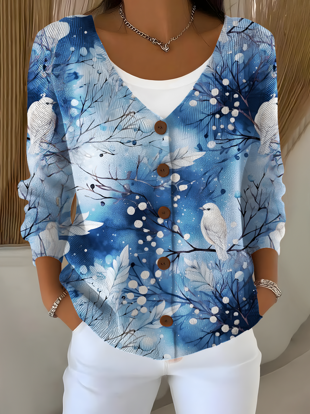 Cardinal Bird In Winter Snowy Forest Art Print Button V-neck Cardigan Sweater
