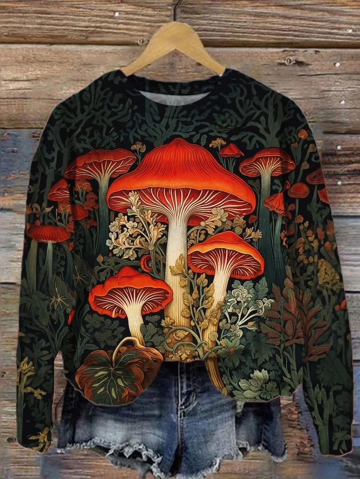 Mushroom Illusion Art Printed Long Sleeve Casual Top