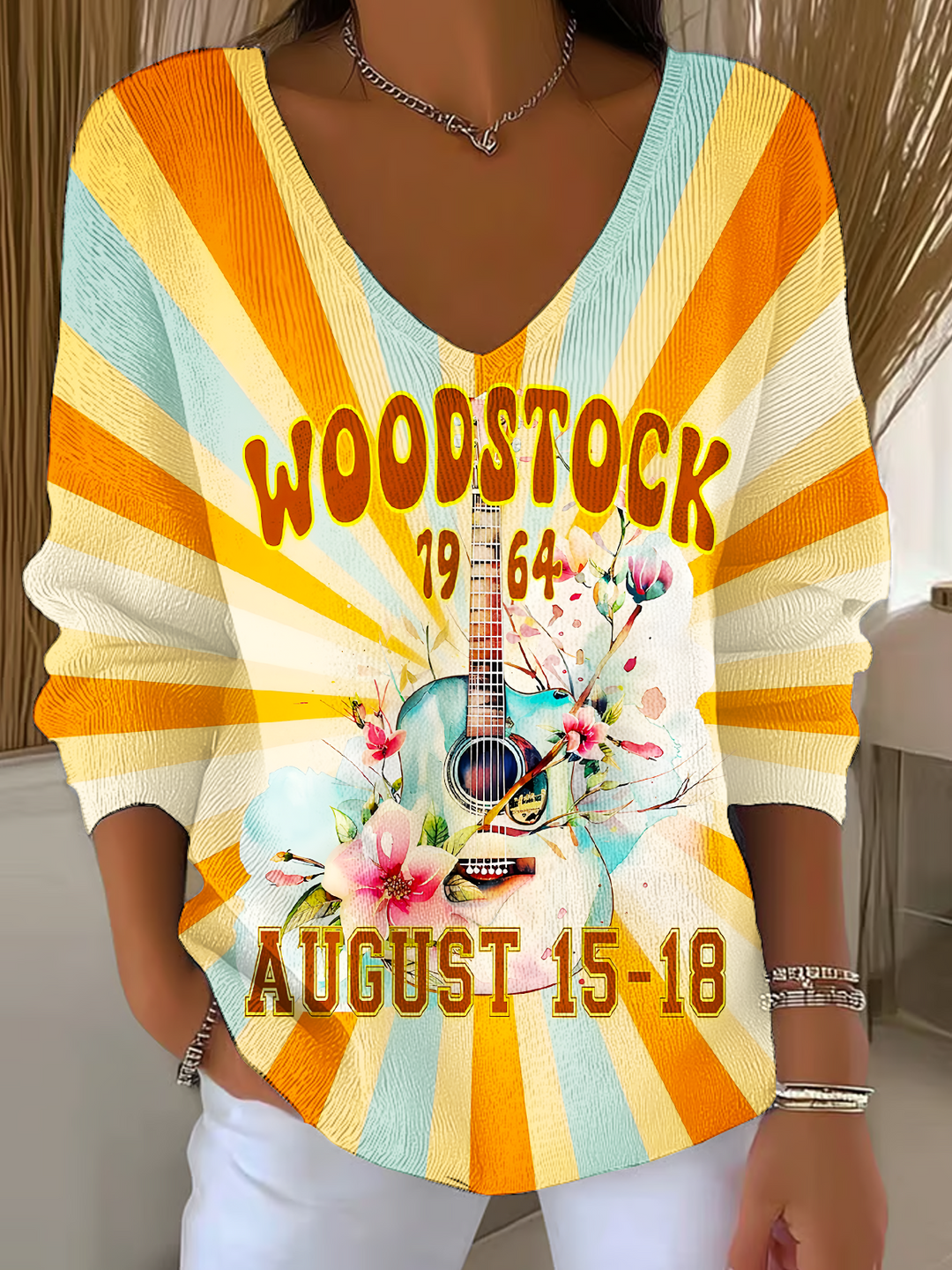Woodstock 1964 Retro Starburst Guitar Design Casual V Neck Pullover Sweater
