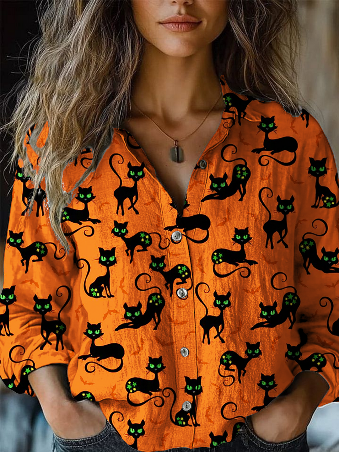 Halloween Black Cat Art Women's Printed Casual Shirt