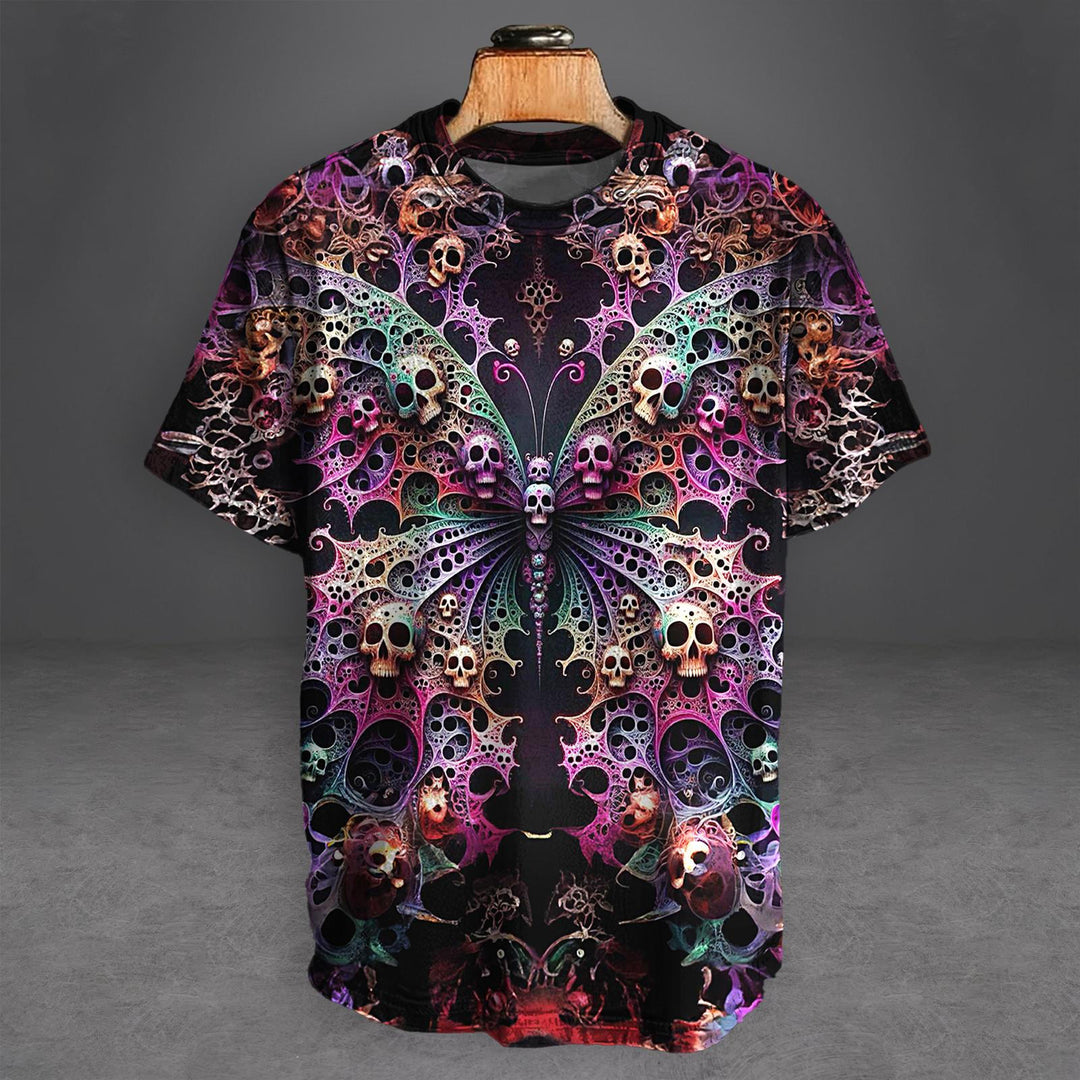 Halloween Skull And Butterfly Embossed Print Crew Neck T-shirt