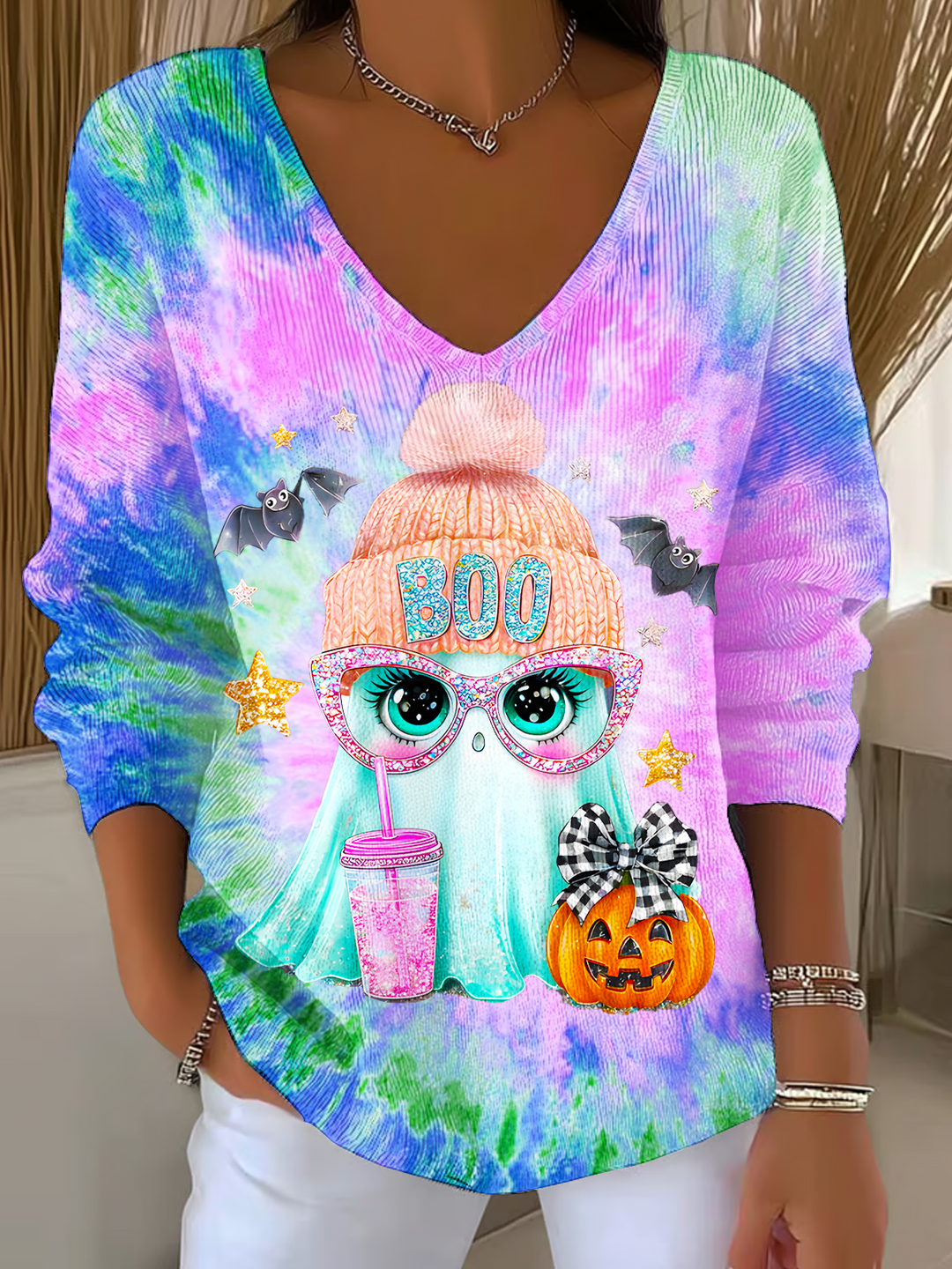 Ghost Pumpkin Halloween Casual V Neck Pullover Sweater
