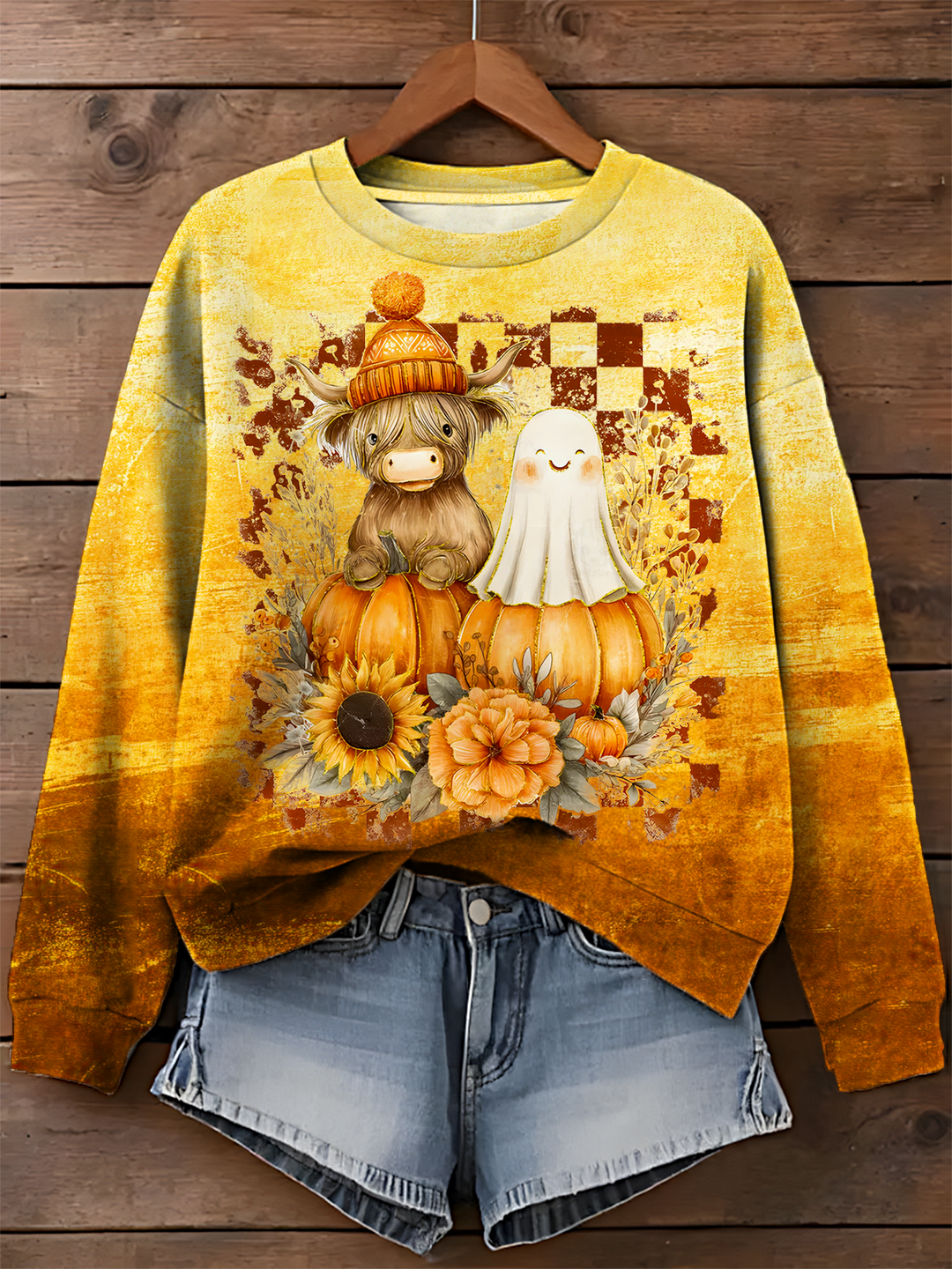 Retro Cute Fall Highland Cow Ghost Printed Long Sleeve Casual Top