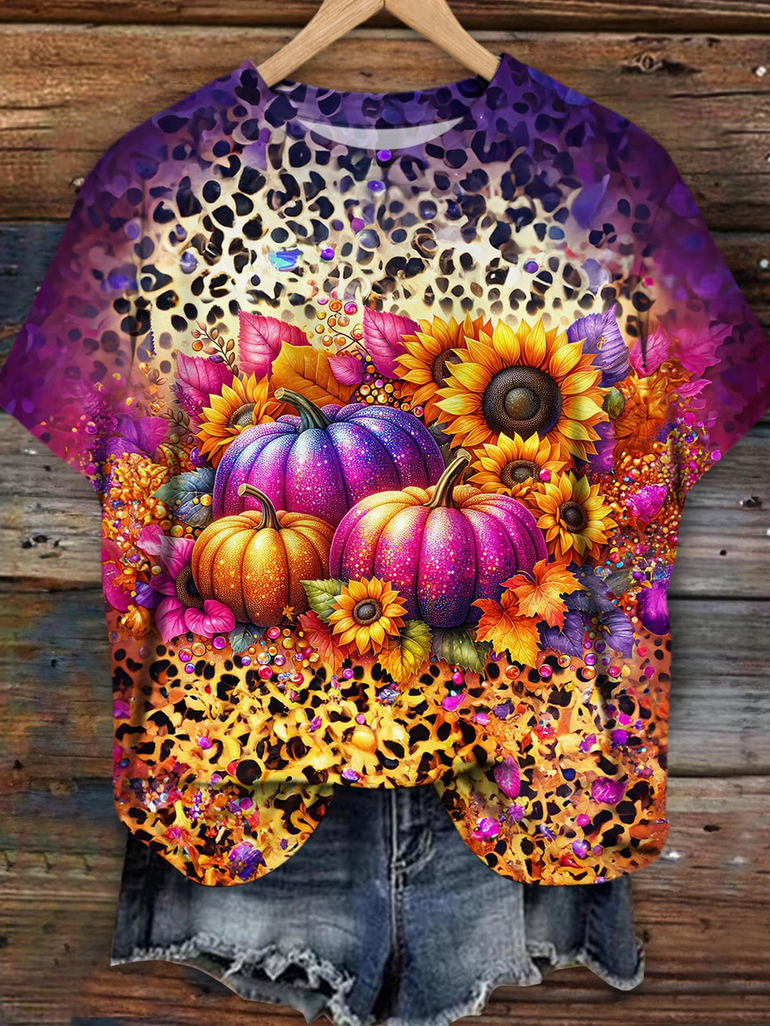 Autumn Pumpkin Sunflower Sexy Leopard Print Short Sleeve T-Shirt