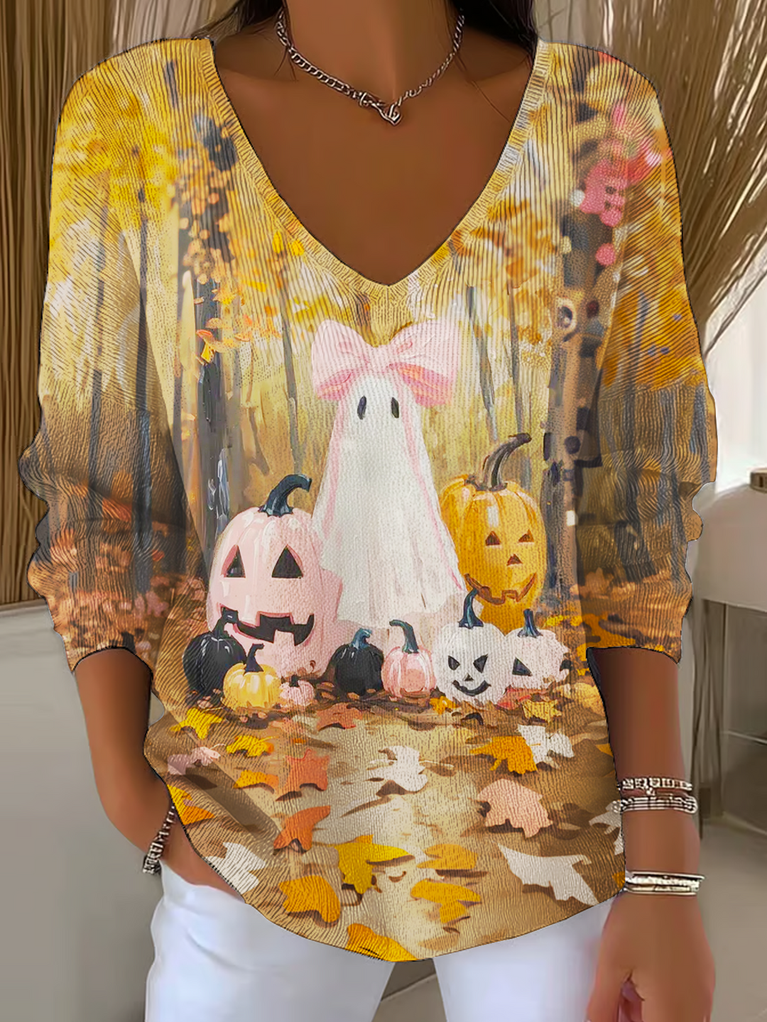 Girly Ghost with Bow Casual V Neck Pullover Sweater