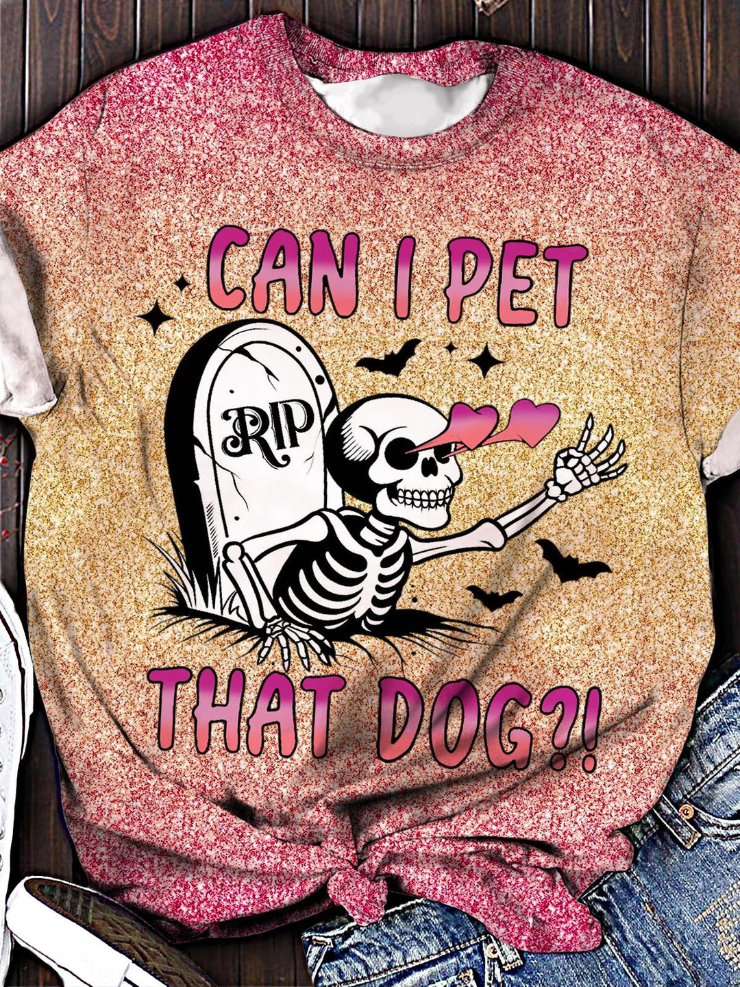 Women's Halloween Can I Pet That Dog Printed Crew Neck T-shirt