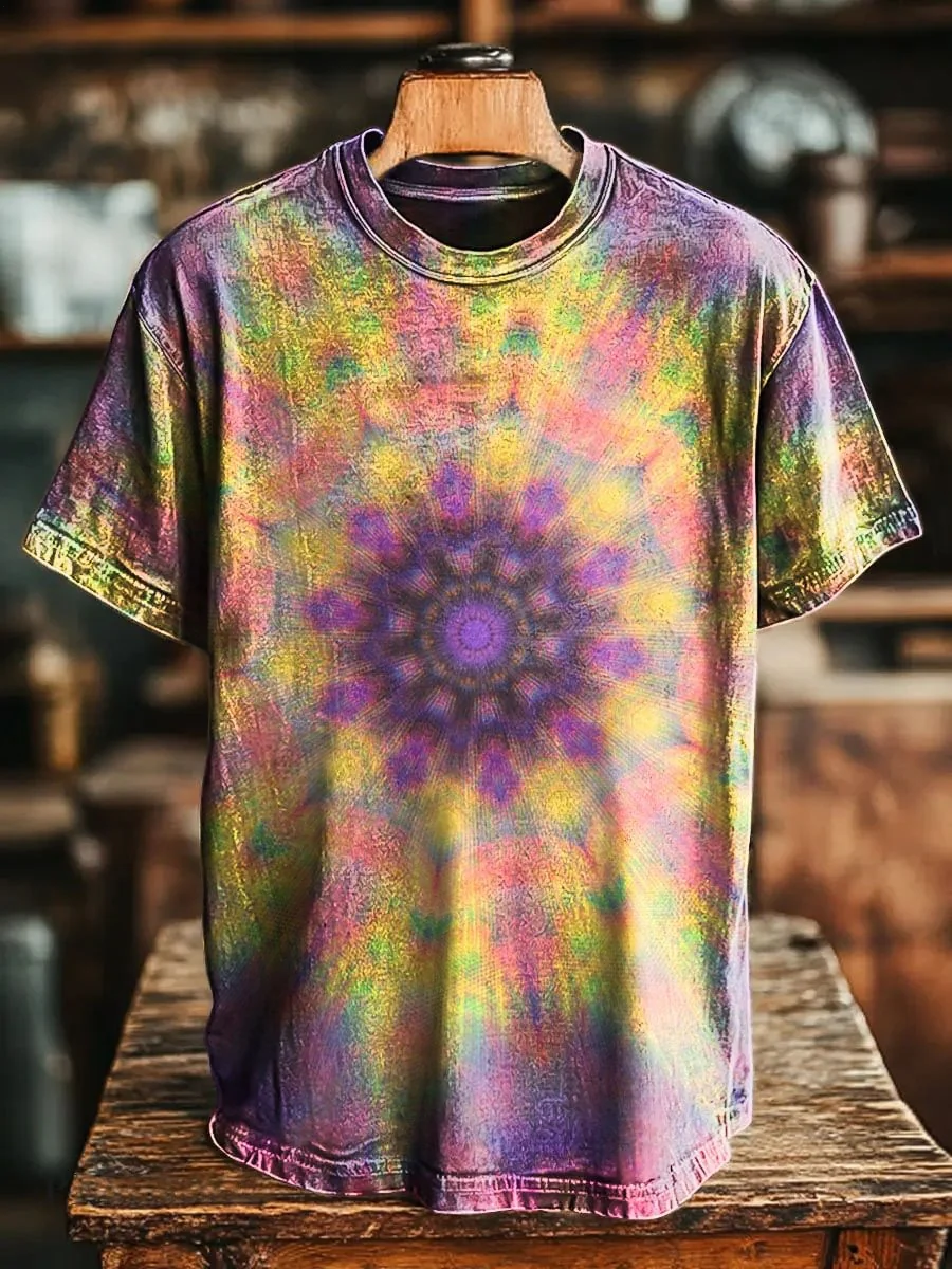 Retro Gradient Kaleidoscope Art Crew Neck T-shirt