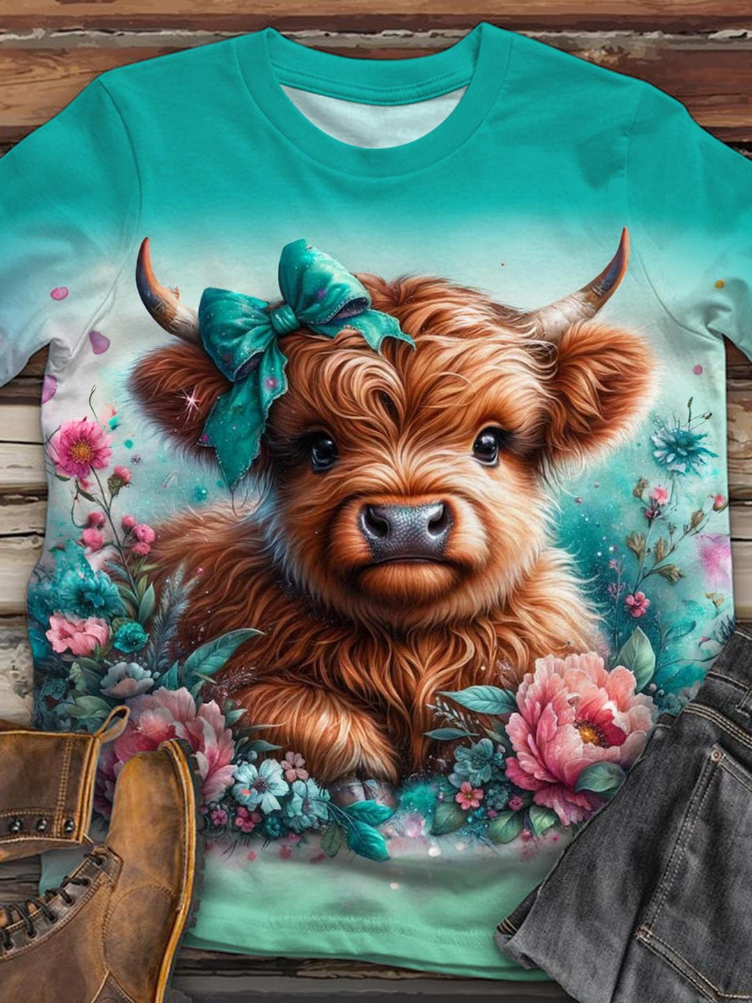 Mint Mambo Highland Cow Crew Neck T-shirt
