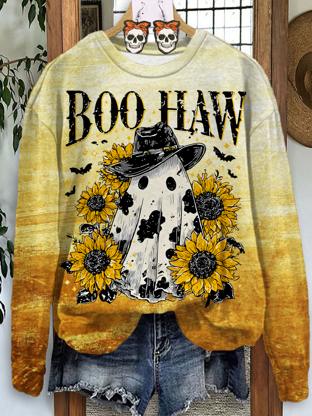 Autumn Sunflowers Boo Haw Printed Long Sleeve Casual Top
