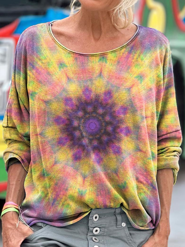 Retro Gradient Kaleidoscope Tie-Dye Art Dropped Shoulders Long Sleeves T-shirt