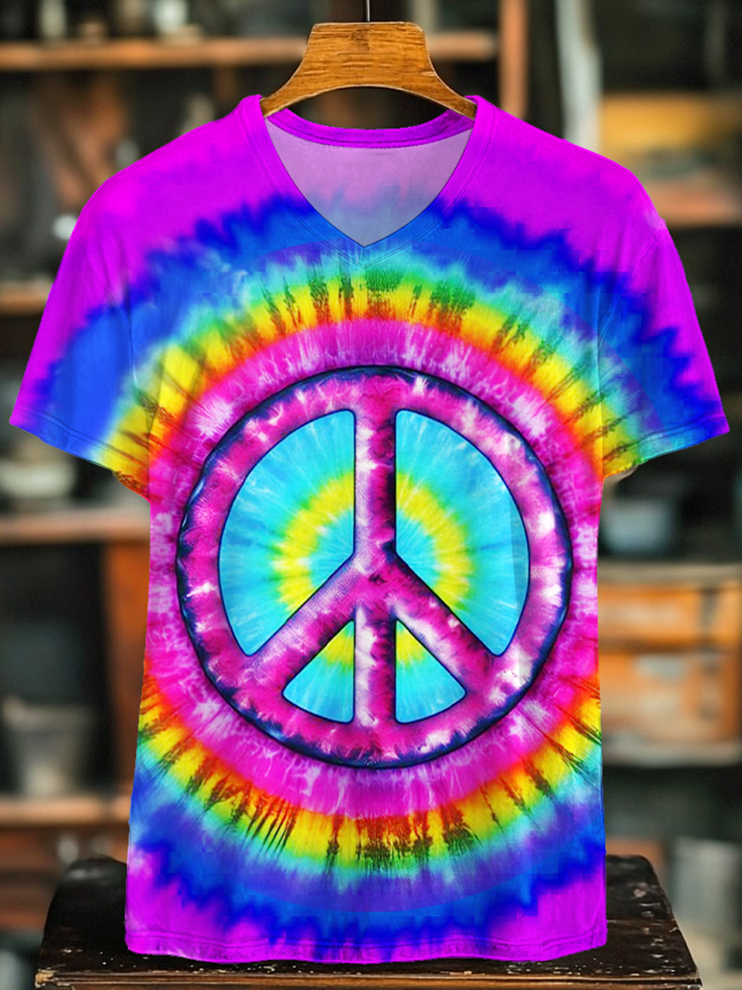 Tie-Dye Hippie Peace Sign V-neck T-Shirt