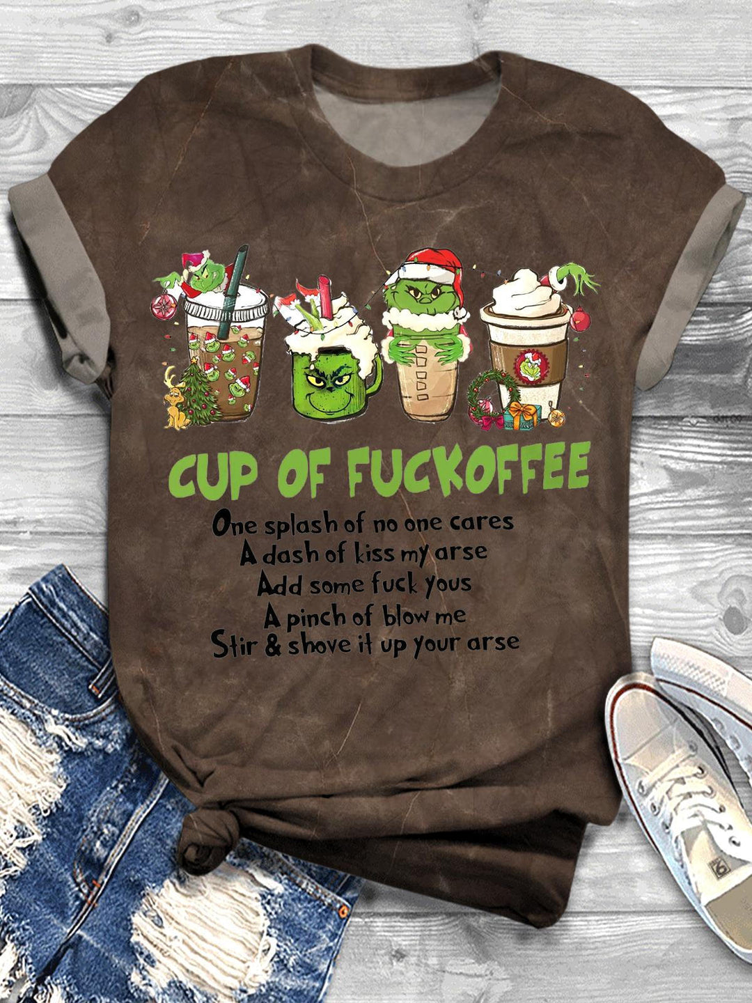 Funny Christmas Green Monster Coffee Crew Neck T-shirt