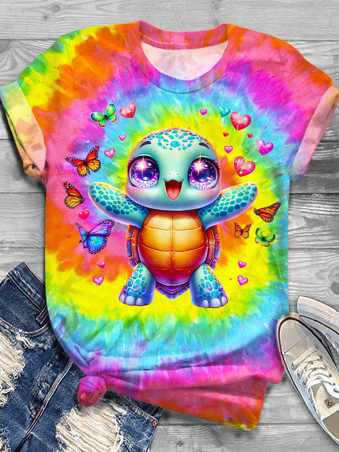 Hippie Spring And Summer Turtle Print Crew Neck T-shirt