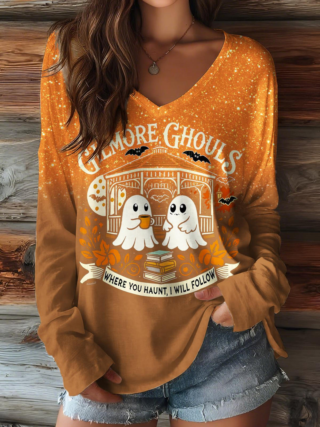 Halloween Ghost V-neck Long Sleeve Top