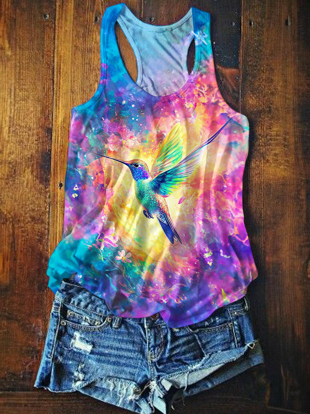 Colorful Hummingbird Printed Casual Tank Top