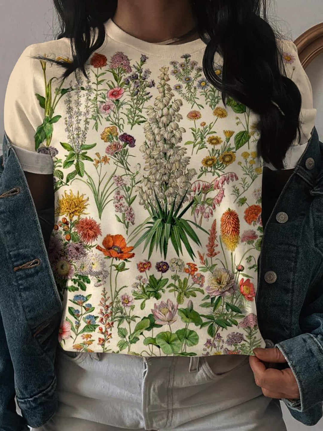 Vintage Different Kinda Flower Print Crew Neck T-shirt
