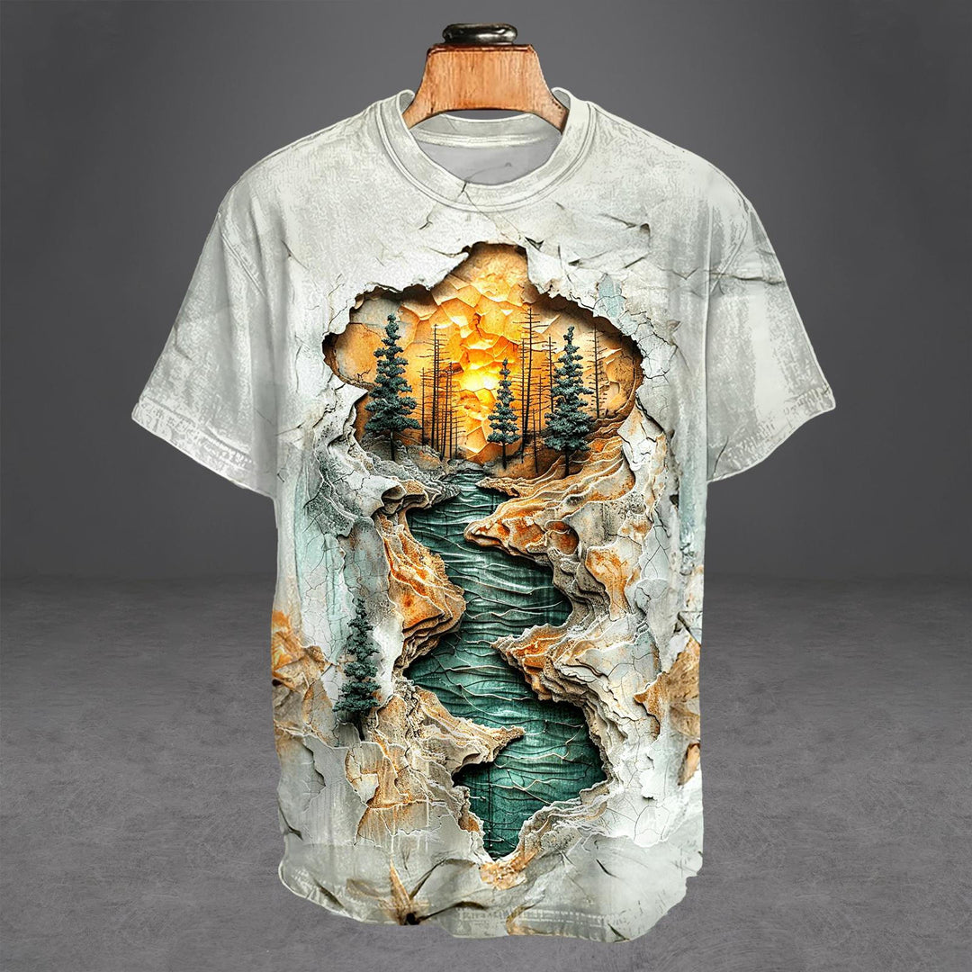 Autumn Mountain And River Print Crew Neck T-shirt