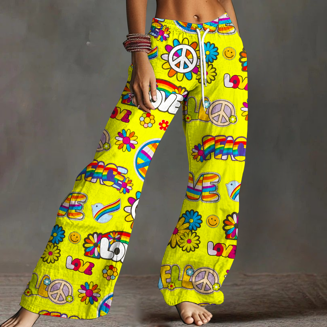 Women's Psychedelic Hippie Retro Peace Drawstring Wide-Leg Pants
