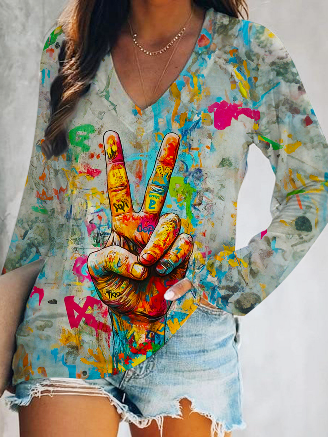 Retro Doodle Hippie Peace Hand Print V-Neck Long Sleeve Top