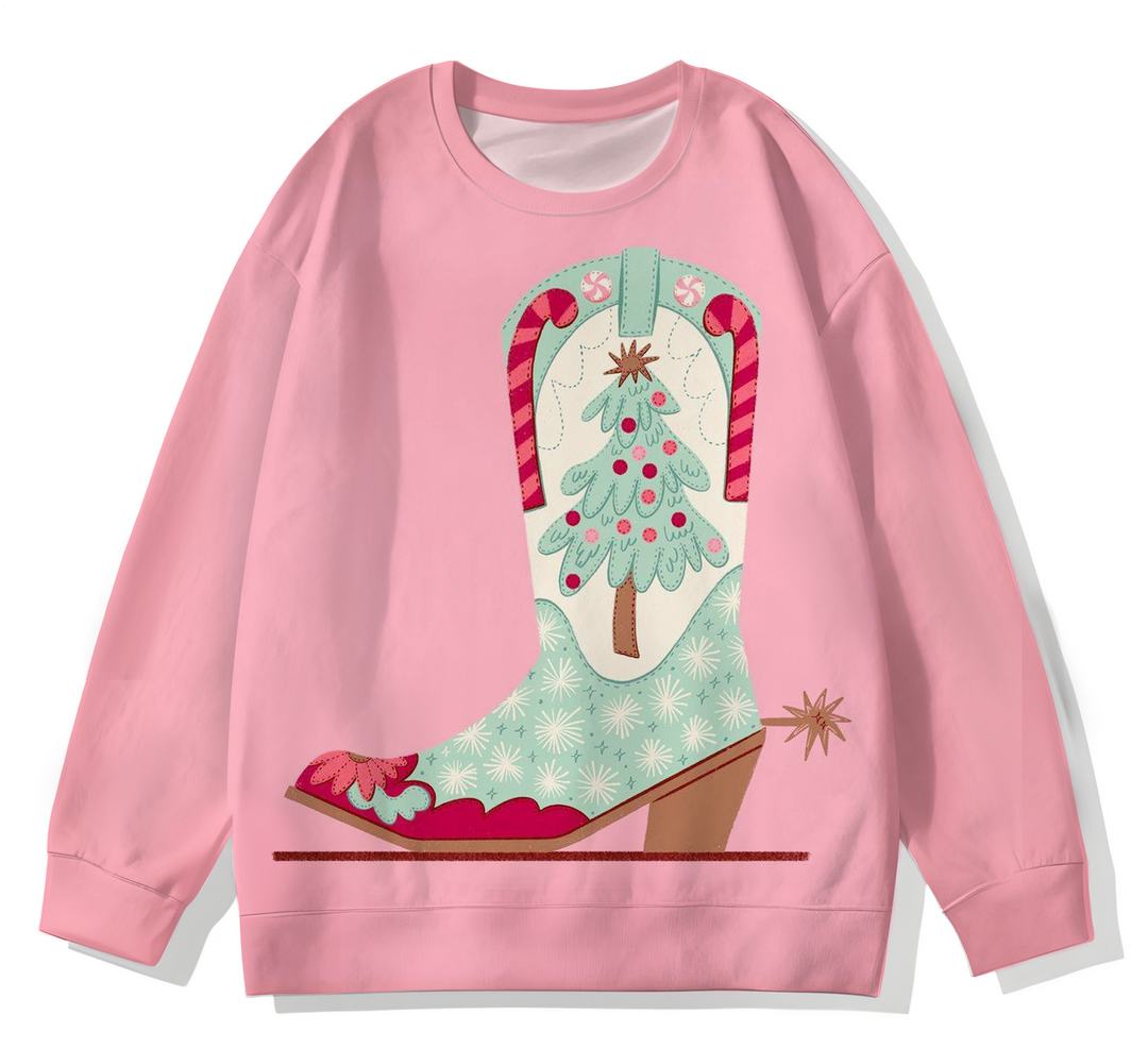 Vintage Christmas Tree Boots Printed Long Sleeve Casual Top