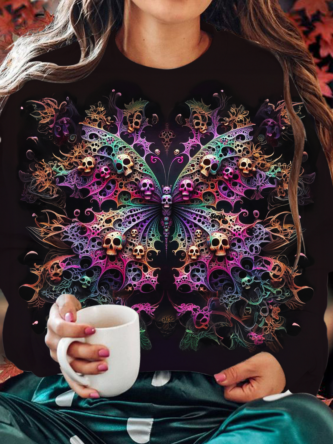 Halloween Skull Butterfly Art Printed Long Sleeve Casual Top