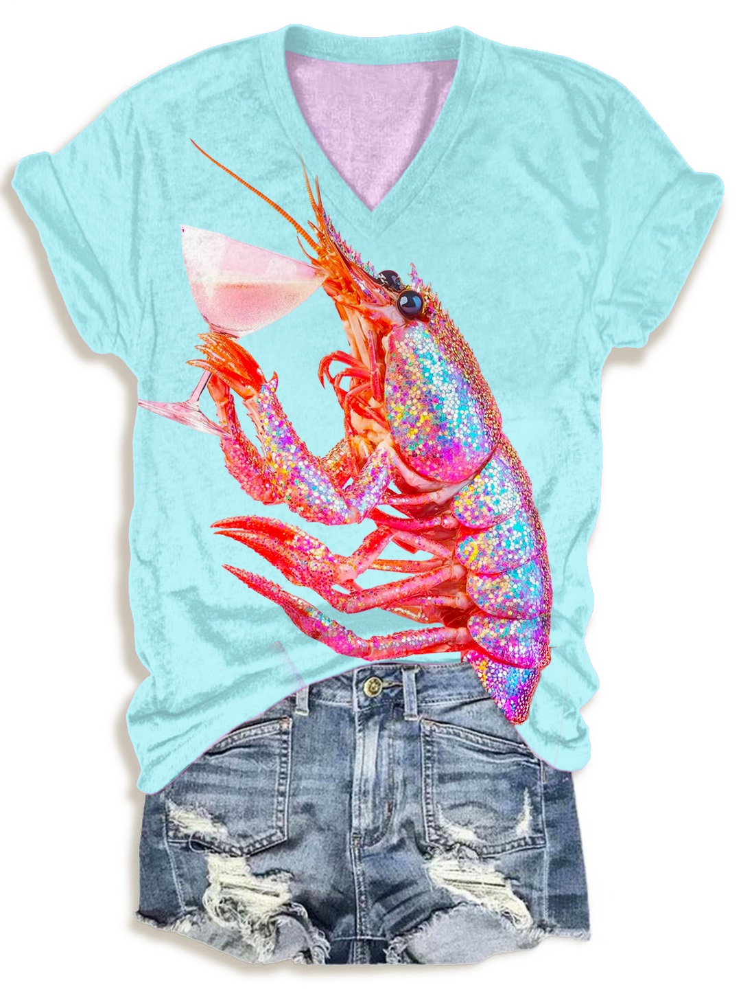 Disco Glitter Shrimp Holding Glass Art V-neck T-Shirt