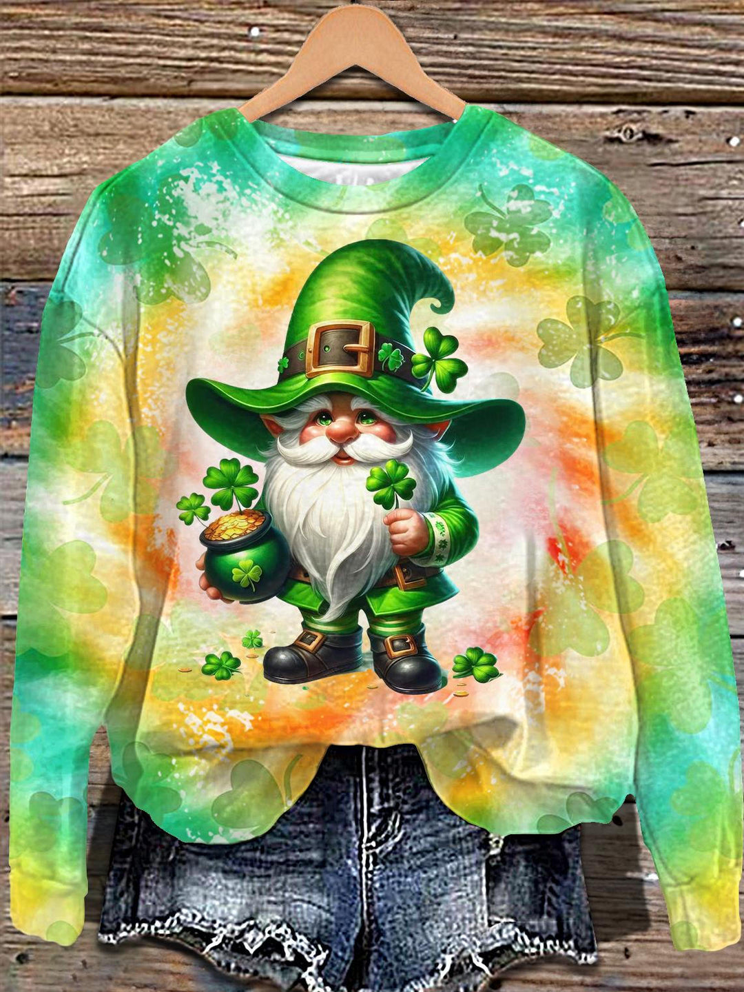 Vintage Tie Dye St. Patrick's Gnome Print Long Sleeve Casual Top