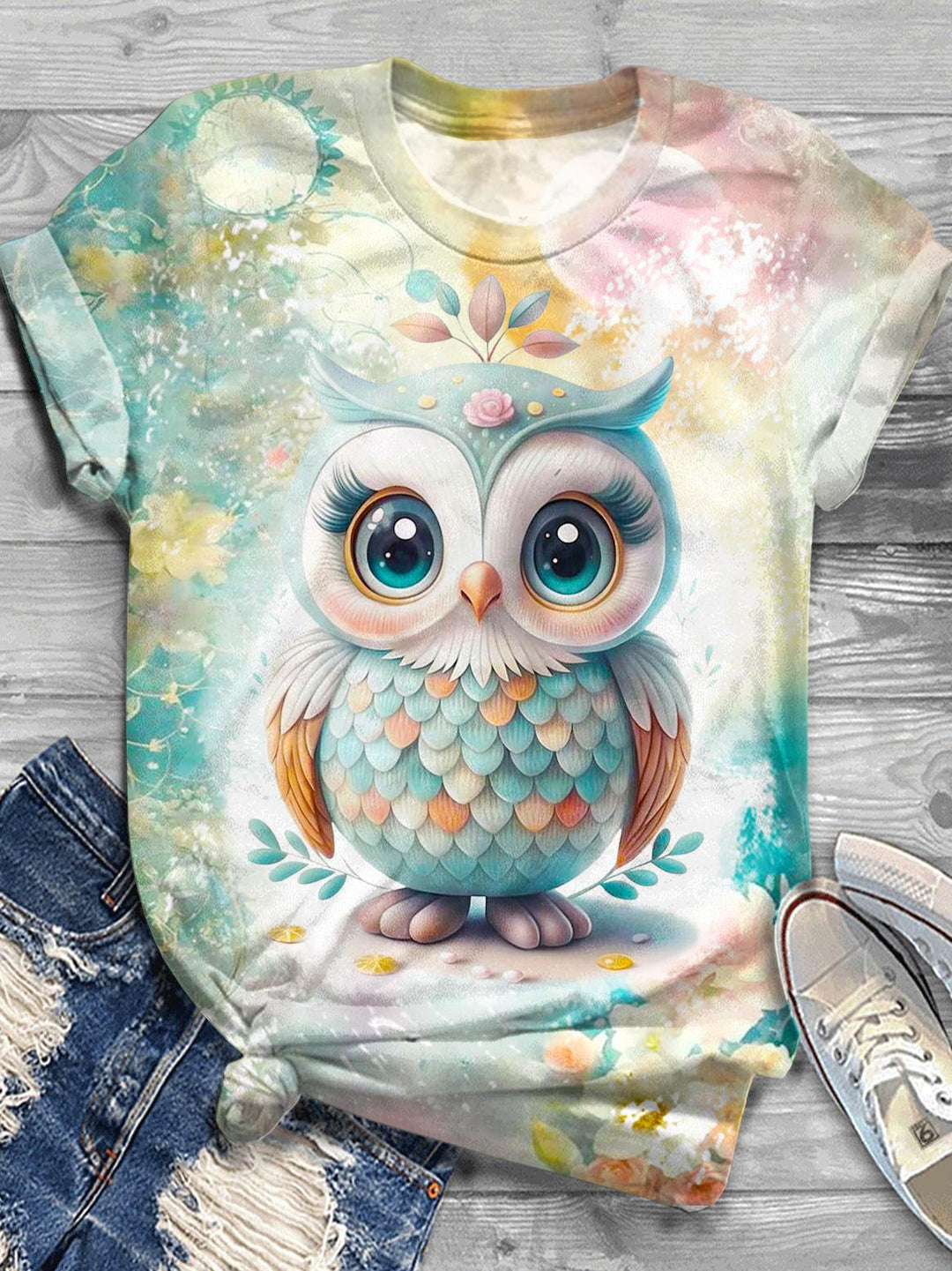 Cute Floral Owl Crew Neck T-shirt