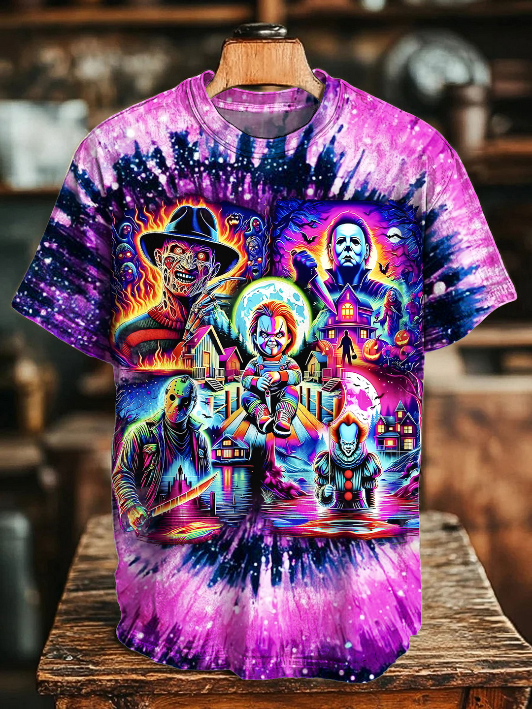Tie-Dye Halloween Horror Movie Characters Crew Neck T-shirt