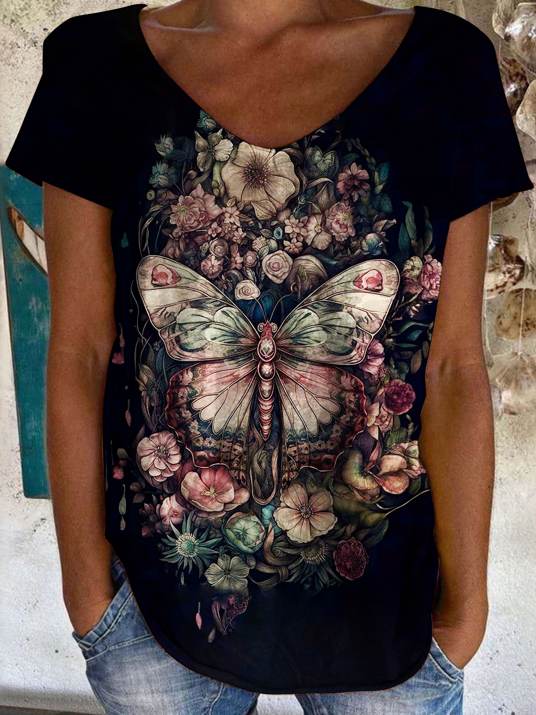 Vintage Flowers Butterfly Art Ladies V Neck Tops