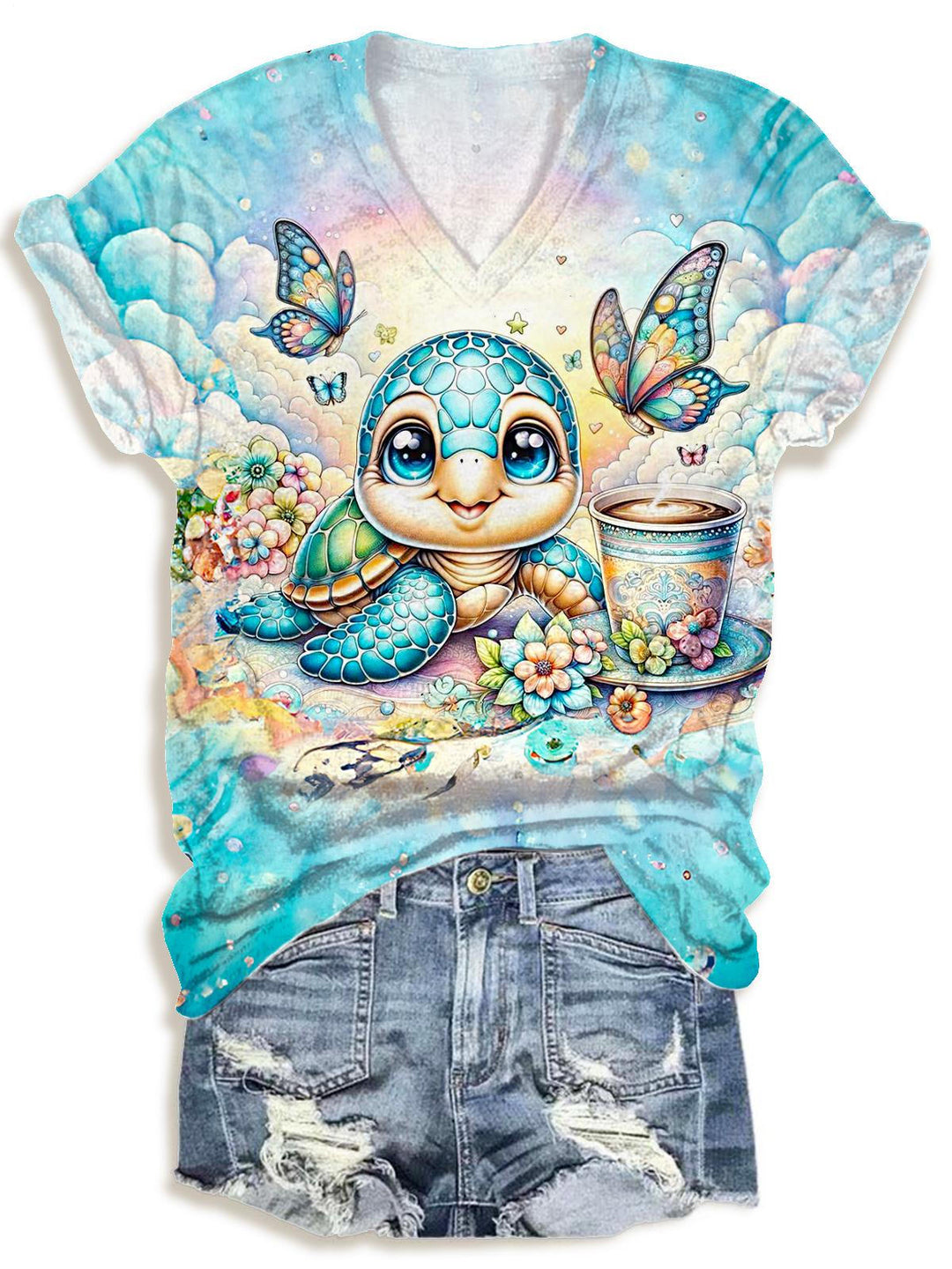 Spring Turtle Vacation Print V-neck T-Shirt