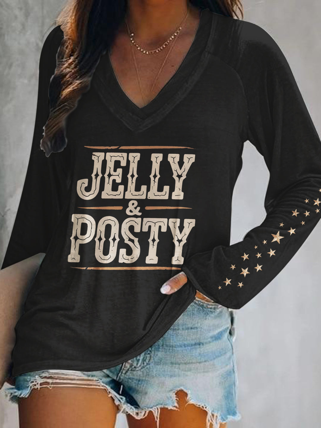 Post Malone Jelly Roll Print V-Neck Long Sleeve Top