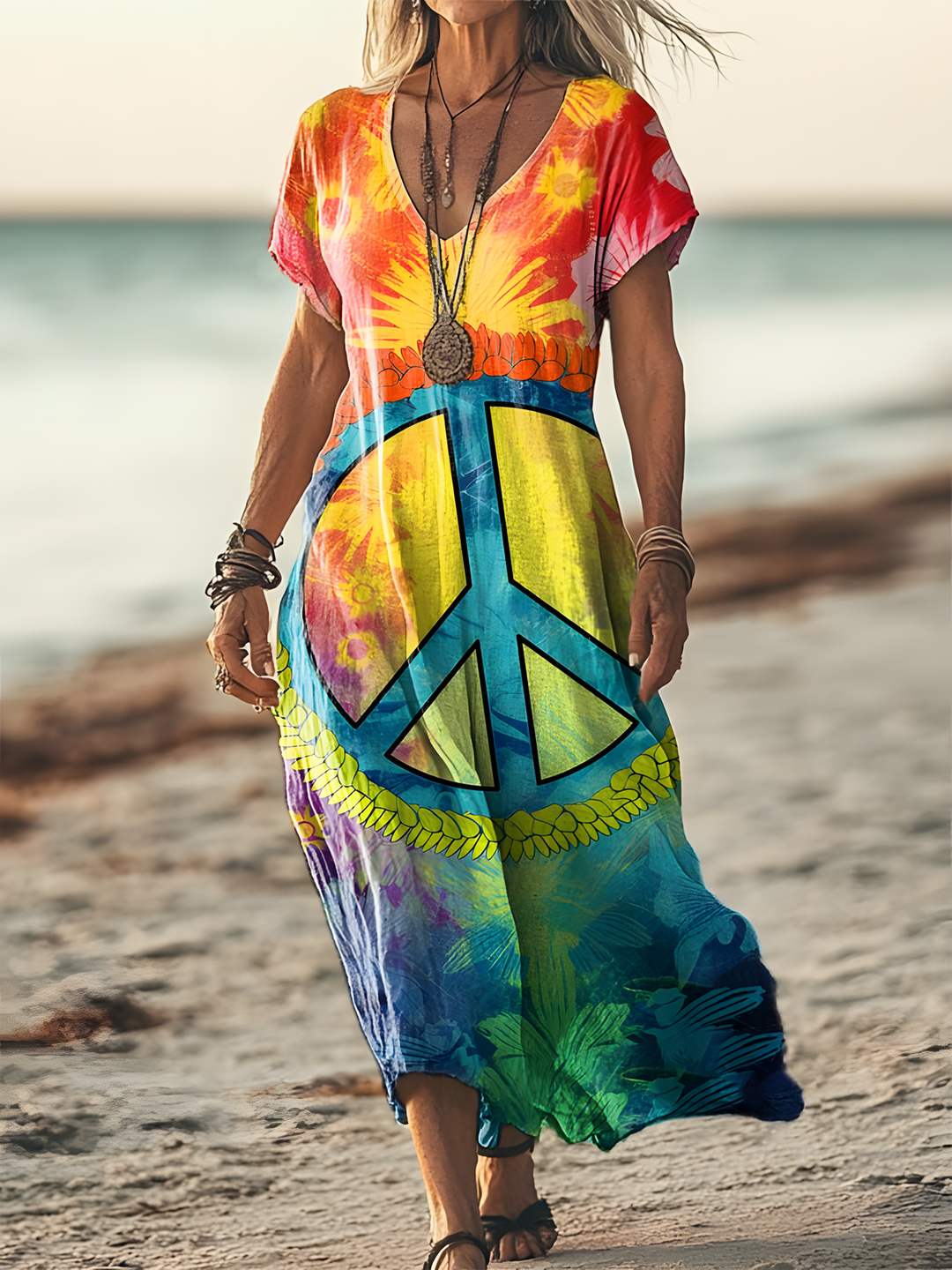 Colorful Hippie Flower Art V-neck Short Sleeved Long Dress