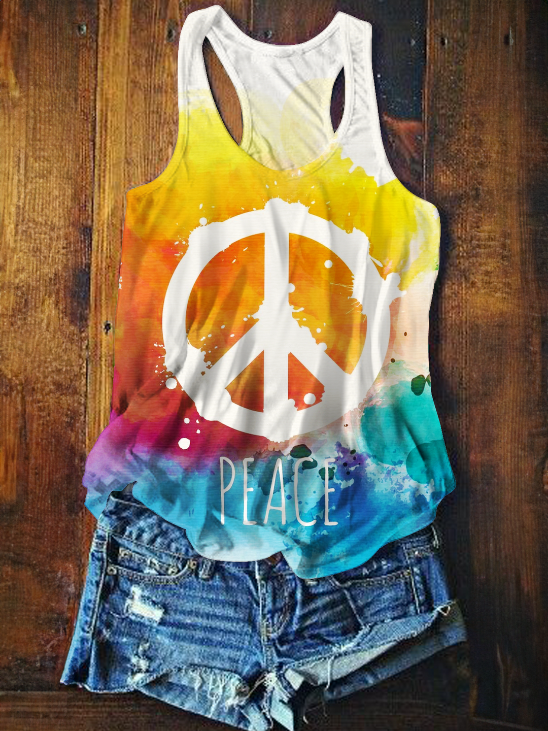 Watercolor Peace Hippie Art Printed Casual Tank Top