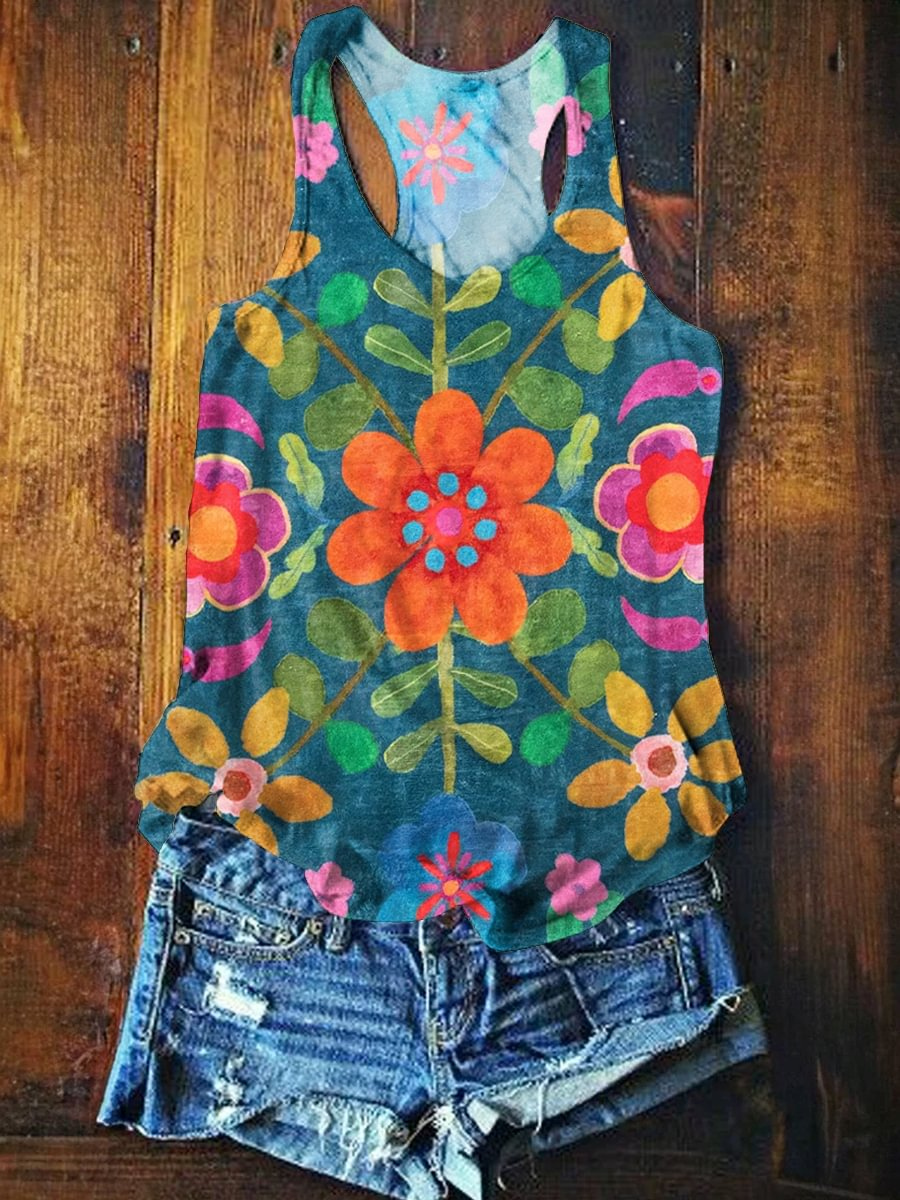Vintage Bohemian Wildflowers Art Printed Casual Tank Top