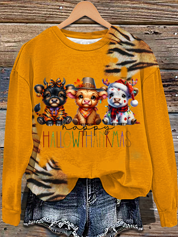 Halloween Highland Cows Christmas Thanksgiving Printed Long Sleeve Casual Top