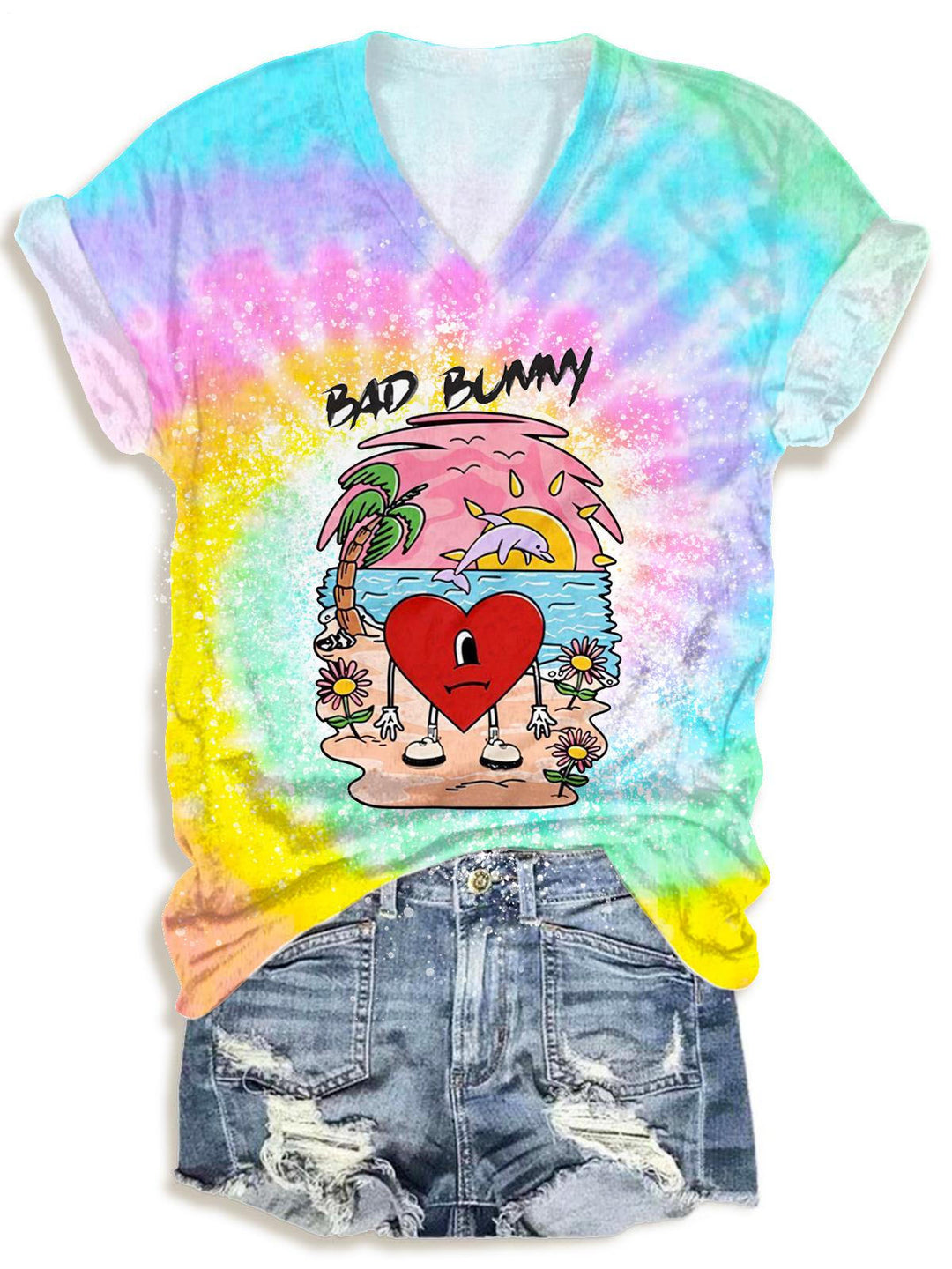 Bad Bunny Tie Dye Love Print V-neck T-Shirt