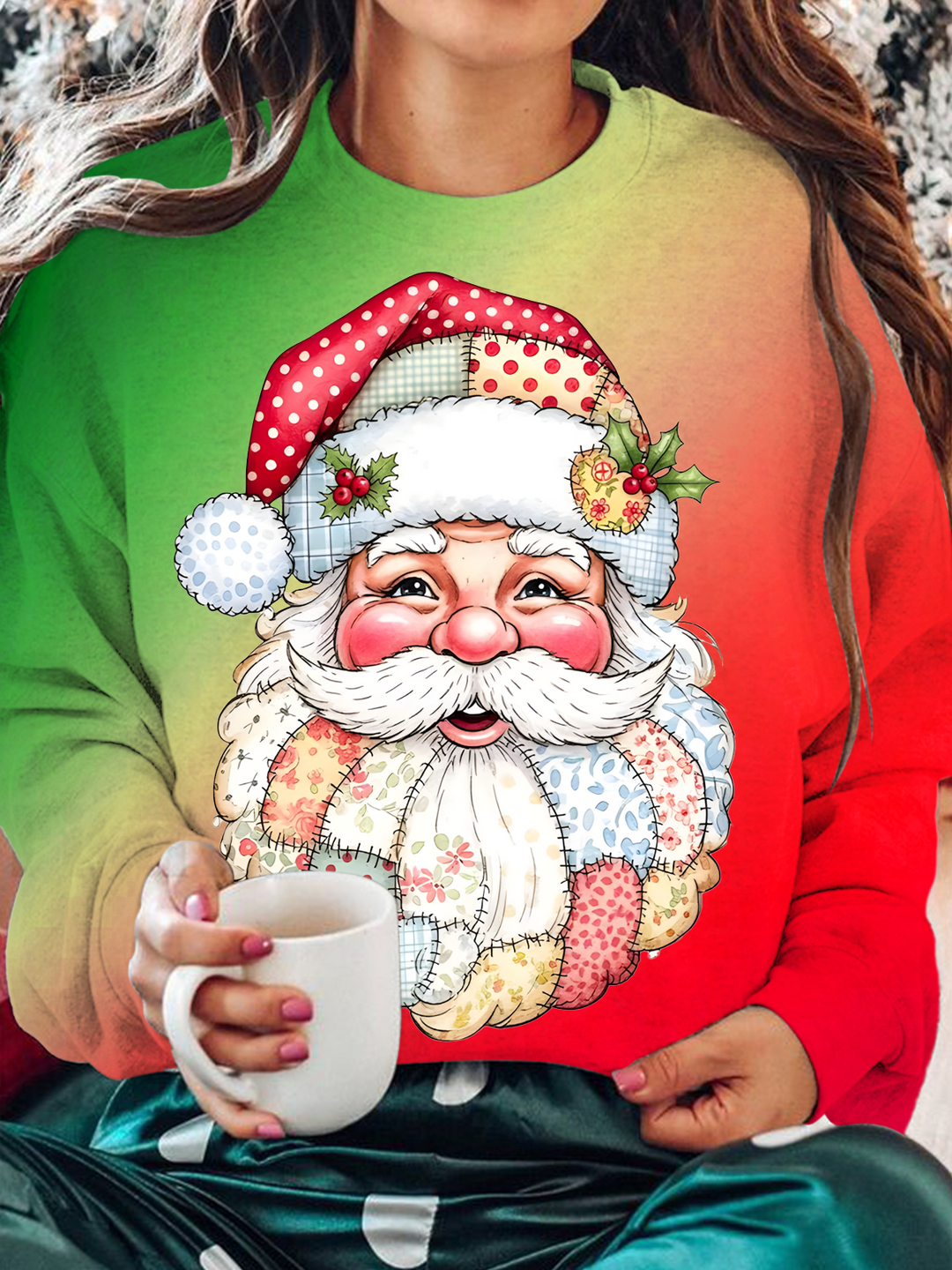 Patchwork Santa Claus Printed Long Sleeve Casual Top