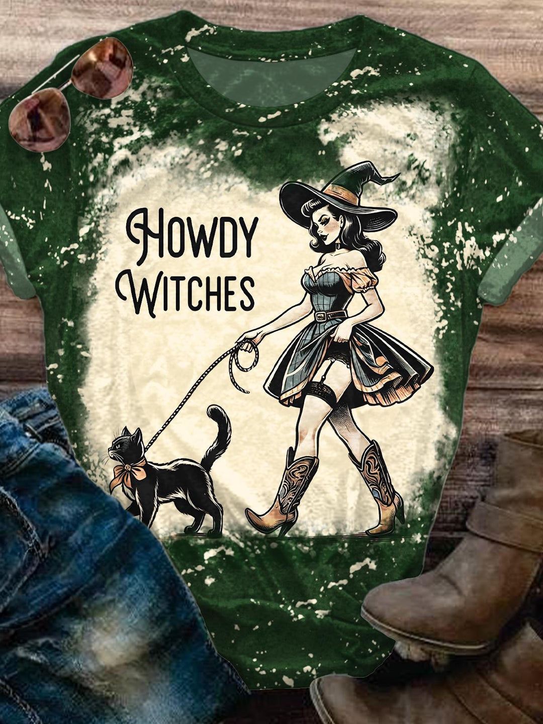 Halloween Retro Witch Crew Neck T-shirt
