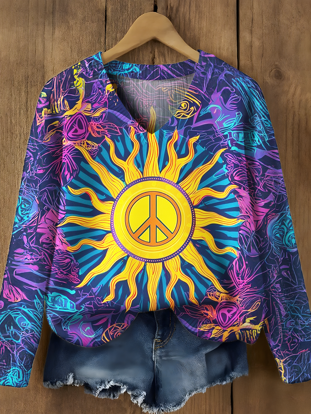 Colorful Psychedelic Sun Hippie Casual V Neck Pullover Sweater