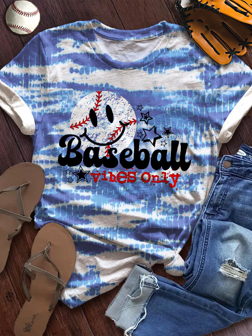 Women's Retro Tie Dye Baseball Print Crew Neck T-shirt